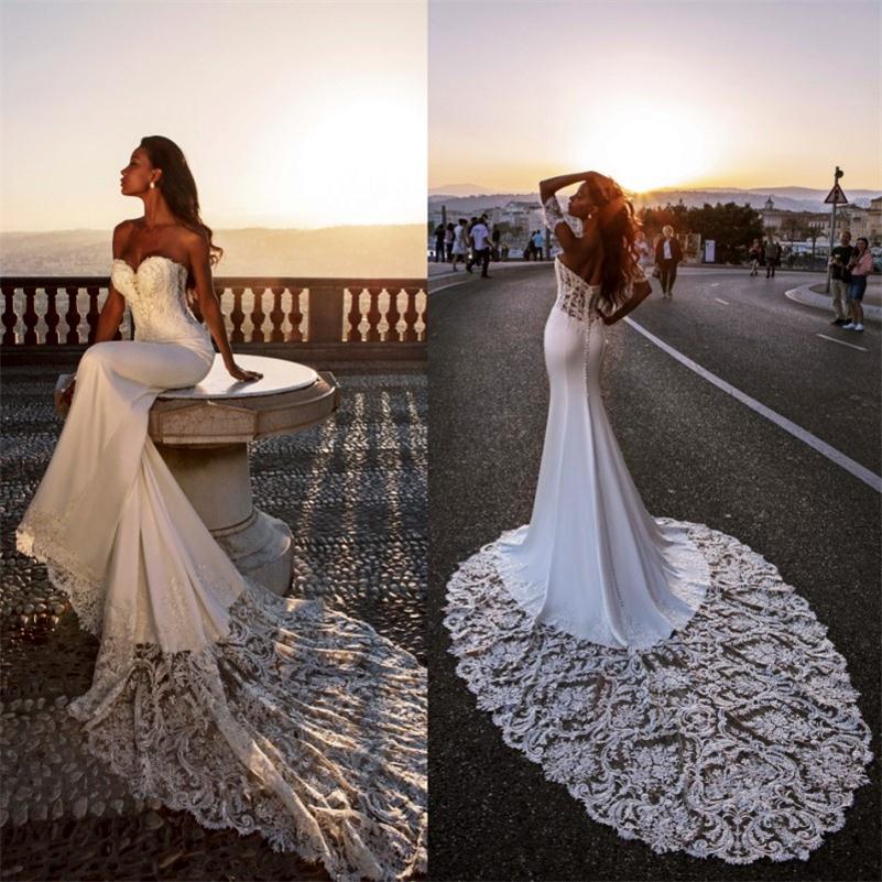 Robes de mariée sirène en satin africain chérie robe de novia dentelle balayage train robes de mariée bohème grande taille robes de mari←e