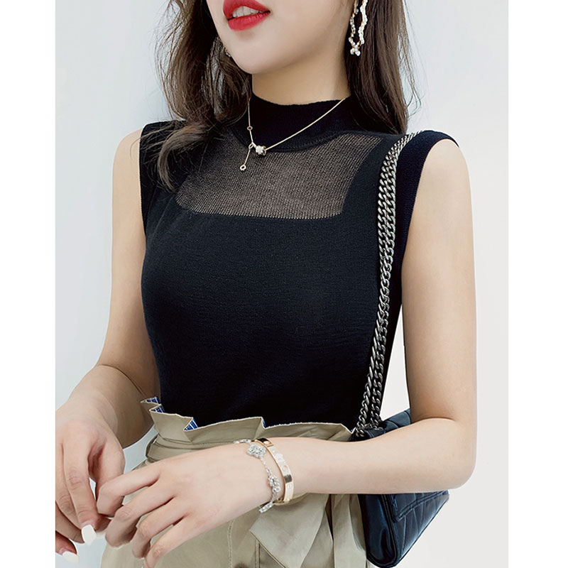 

Fashion Knitted sleeveless vest Women summer New Turtleneck Stretch transparent tops Solid office ladies streetwear VKTS1152, Black