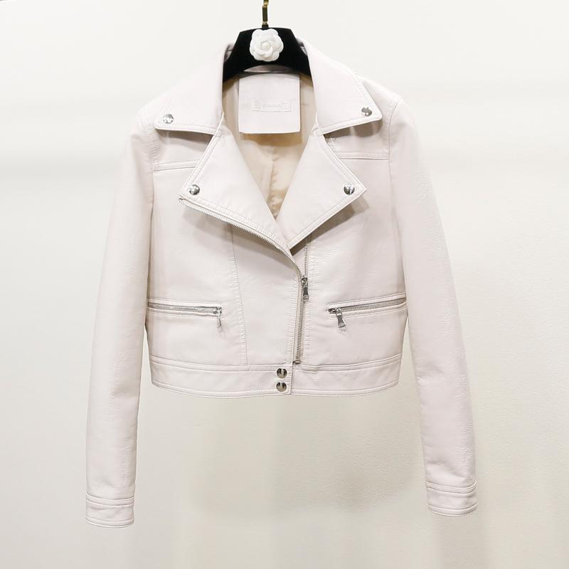 

Women white outerwear new 2019 spring autumn zipper faux leahter jacket ladies turn-down collar short biker leather coats mujer