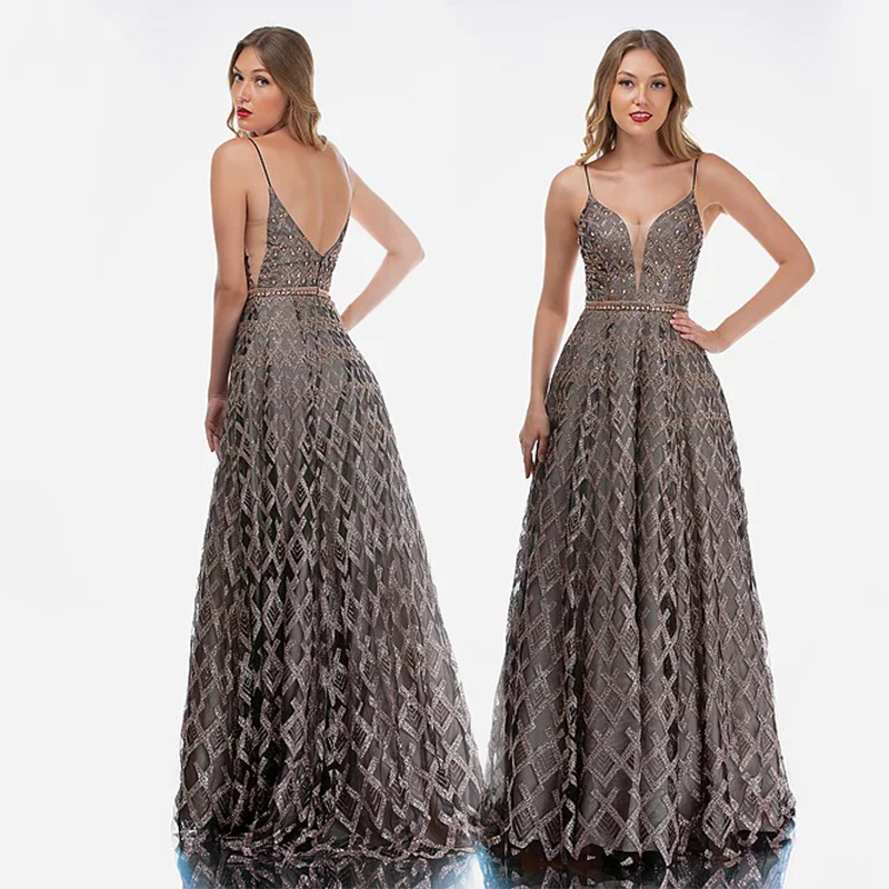 

Modest Elegant Nina Canacci A Line Prom Dress Spaghetti Sleeveless Backless Sequins Lace Applique Party Dress Sweep Train robes de soirée, Black