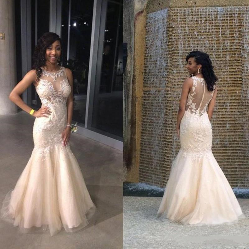 Elegant Mermaid Evening Dresses 2020 Appliques Lace Crystal Beaded Sweep Train Tulle Prom Dress Sexy Illusion Party Gowns