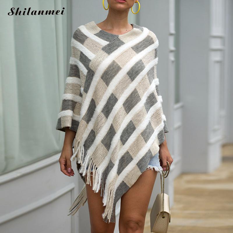 

2019 Spring Autumn Striped Pullovers Knitted Loose Tassel Soft Shawl Poncho Women Iiregular Long Batwing Sleeve Pullover Sweater, Beige