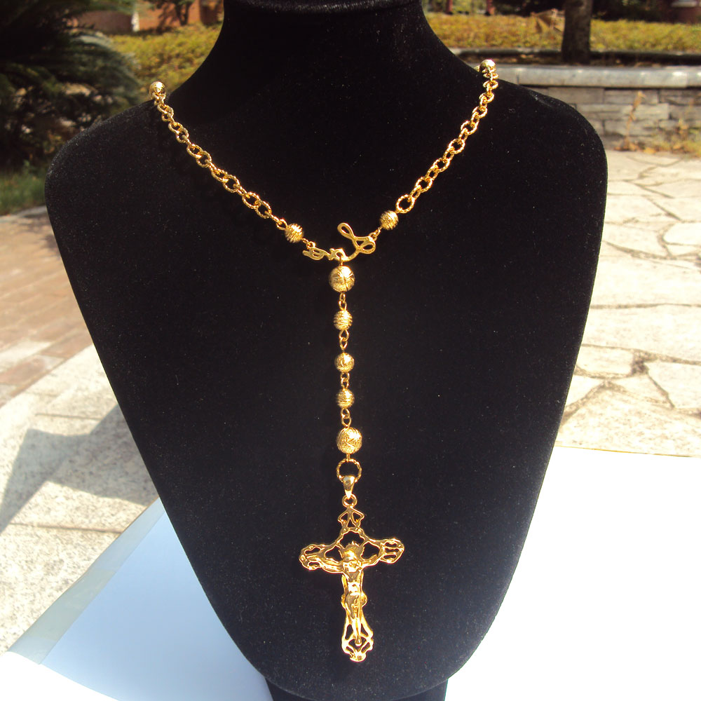 

Loyal women Cool pendant Fine Yellow 18 k Solid gold Filled Holy Rosary Jesus cross Wide Beads Chain necklace Fixed Ensemble, Silver