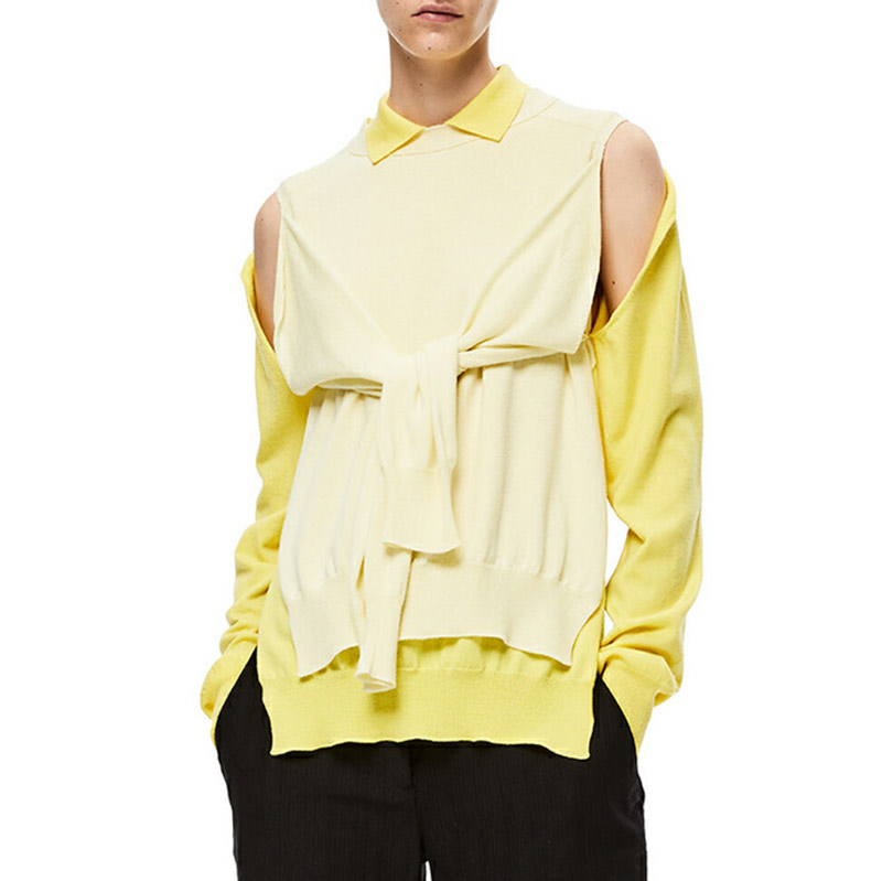 

Irregular Faux 2 Pieces Womens Sweaters 2020 Spring Turn Down Collar Long Sleeve Yellow Pullover Knitted Jumpers Sueter Mujer, As picture