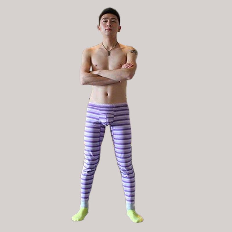 Stripe Print Men Leggings Autumn Winter New Tide Russia China Style Brave Man Yellow Blue Long Johns Slim Elasticity Cotton Blending Pants-image-464835201