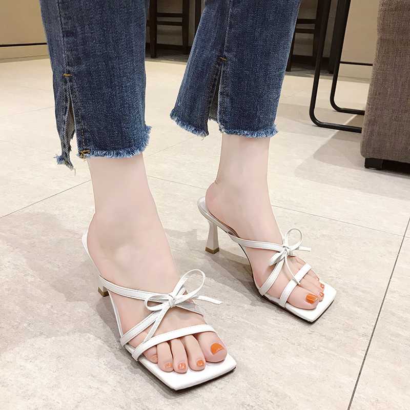 

High Heel Bow Slippers Women Sandals Summer Outdoor Fashion Open Toe Slides Women Thin Heel Sandals Slippers Beige Green 2020