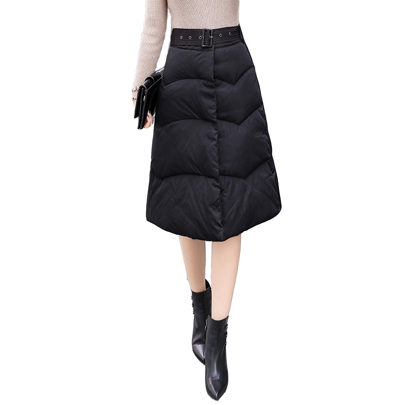 

Women Down Cotton Skirts Winter Skirts For Women Warm Skirt With Sashes High Waist Casual Thicken A-Line Skirt Lady S-2XL, Black