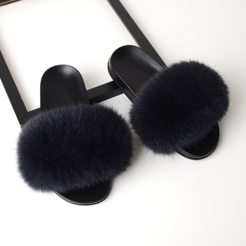 Fur Slippers Women Real Fox Fur Slides Home Furry Flat Sandals Female Cute Fluffy House Shoes Woman Brand Luxury 2020
