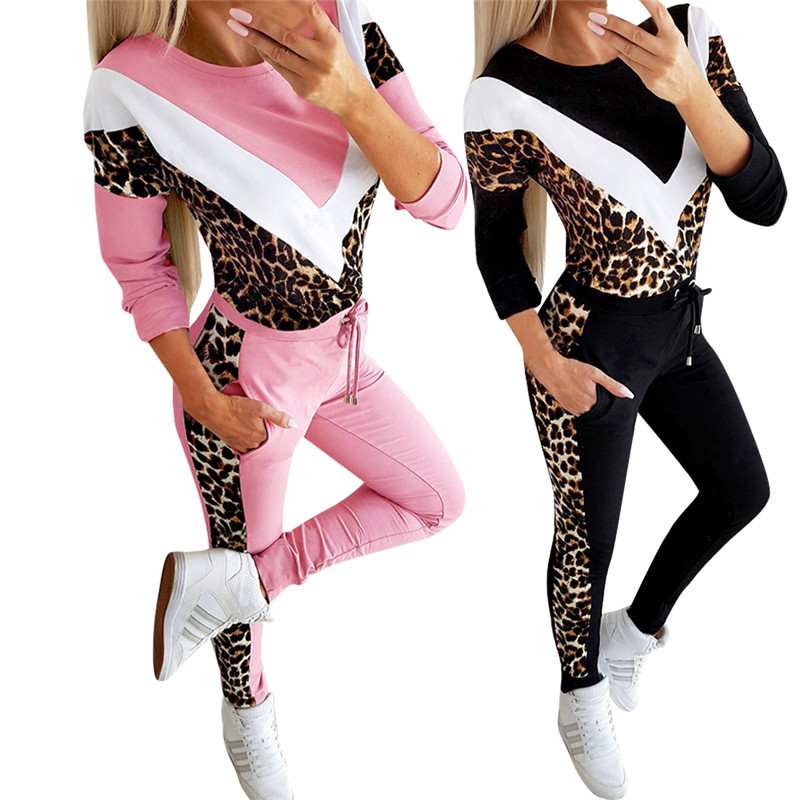 Léopard couleur Patchwork 2020 Sexy mince femmes 2 pièces ensemble à manches longues haut + cordon poche crayon pantalon décontracté Streetwear c