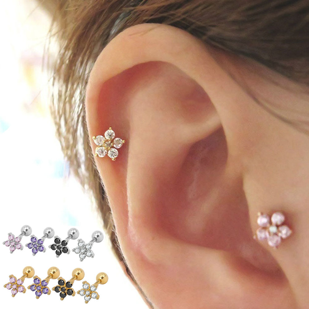 

Trendy 2 Pcs Crystal Flower Earring Stainless Steel Zircon Stud Earrings Cute Ear Stud Piercing Body Jewelry, Golden;silver