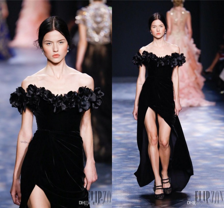 

Marchesa Black Split Velvet Prom Dresses Evening Wear Sheath Off Shoulder Party Gowns Floor Length Celebrity Evening Dress, Coral
