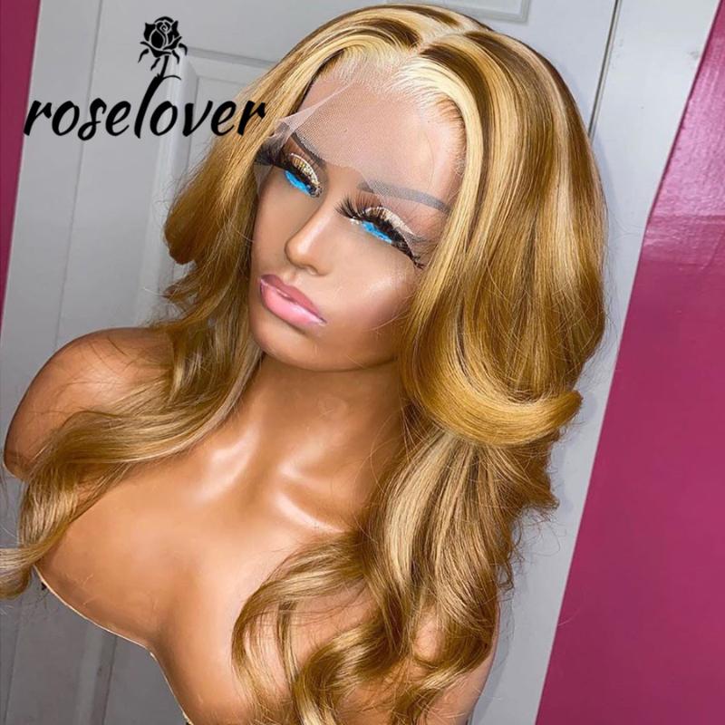 

Roselover Full Lace Transparent Lace Front Human Hair Wigs Honey Blonde Highlight Colored Wigs for Woman 150% Remy Brazilian, As pic