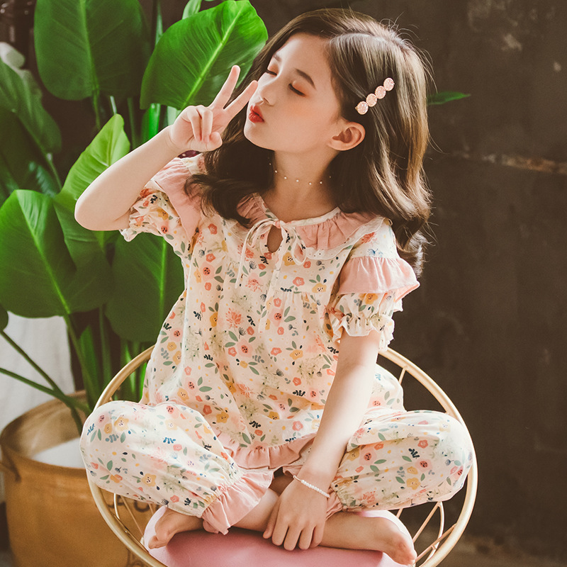 

Toddler Pajamas Set for Kids Girls Princess Short Sleeve Sleepwear Cotton Floral T-shirts Pants Cartoon Nightwear Clothes, Flower set