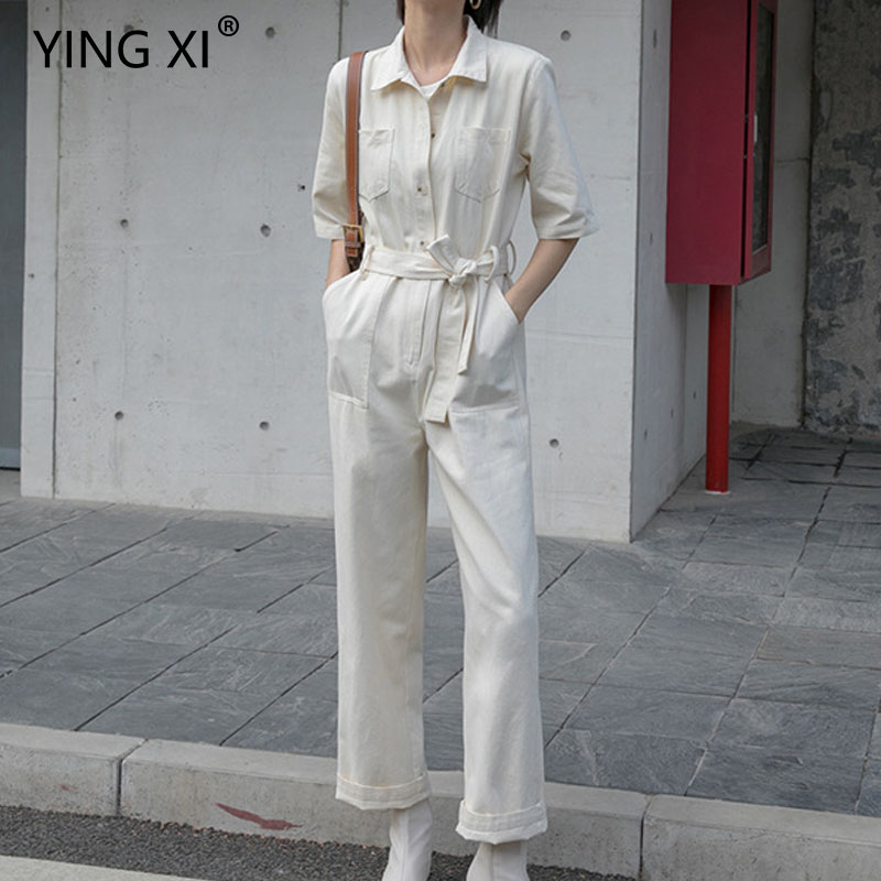 

YING XI 2020 Spring Casual Koso Bodysuit Jeans Loose Solid Turn-down Collar Short Sleeve Drawstring Zipper Women Jumpsuit, Beige