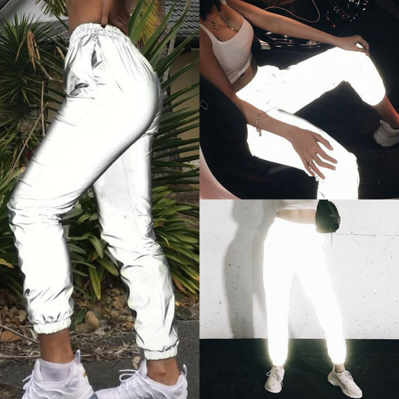 

Women Casual Harem Sweatpants Reflective Pants Loose Streetwear Hip Hop Dance Party Night Club Trousers Pantalon W3, Gray