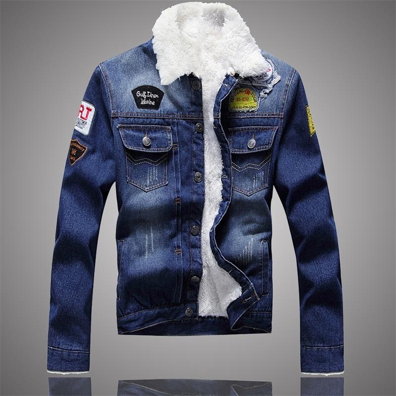 

Men Denim Jacket Warm Fur Lined Jackets 2019 New Fashion Casual Male Winter Coat Fitness Autumn Male Streetwear Men Jean Coats, Dark blue