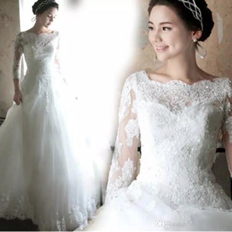 

Free Shipping Long Sleeves Wedding Dress A Line Lace Boat Neck Bridal Dress Lace Up Back Floor Length New Arrvals Cheap Price, Ivory