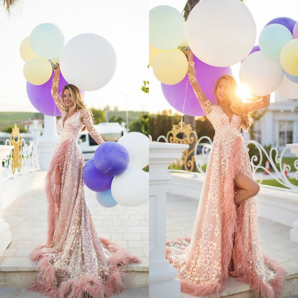 

2020 Arabic Pink Evening Dresses Deep V Neck Lace Appliques High Side Split Prom Dress Long Sleeve Feather Vestidos De Novia Celebrity, Grape
