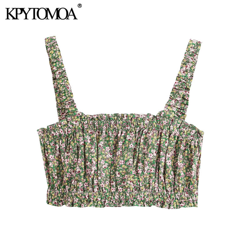 

KPYTOMOA Women 2020 Sweet Fashion Floral Print Cropped Blouses Vintage Pleated Elastic Trims Strappy Female Shirts Chic Tops, As picutre