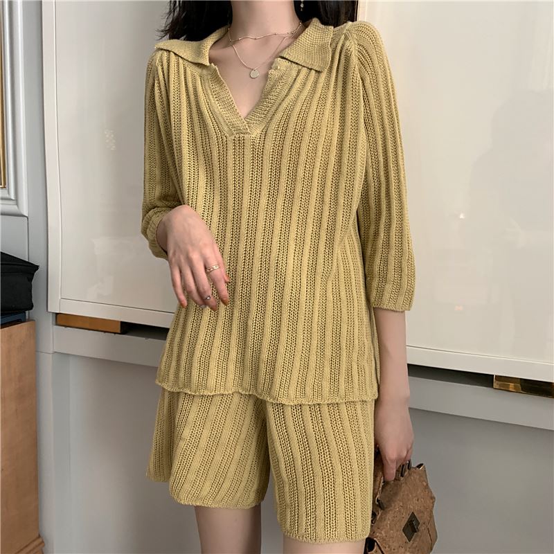 

Women Summer knit two pcs Sets New Fashion Casual Tops Short Pants Sets Female Clothing Suits Female Tracksuit 2 pcs ka842, White