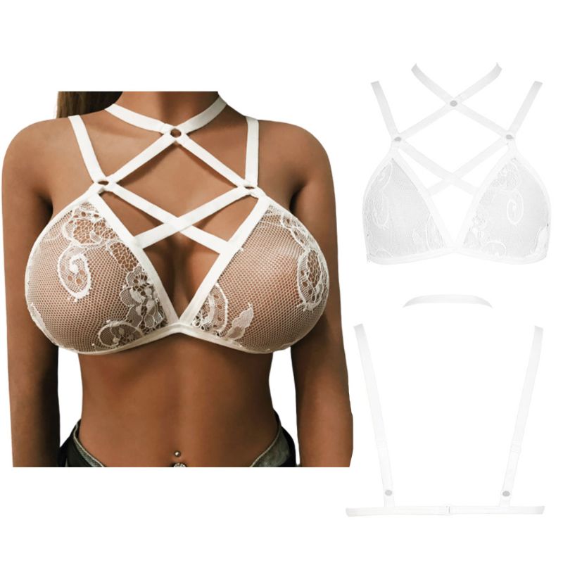 

Womens Womens Sexy Halter Hollow Out Cross Strappy Cage Bralette Crochet Sheer Floral Lace Cup White Bustier Push Up Backless, As pic