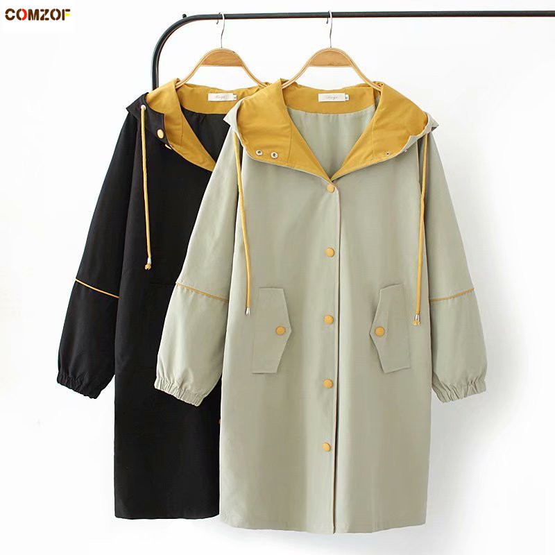 

New arrival women trench coat hooded long sleeve 2019 autumn jackets womens plus size long windbreaker clothing moda mujer, Black