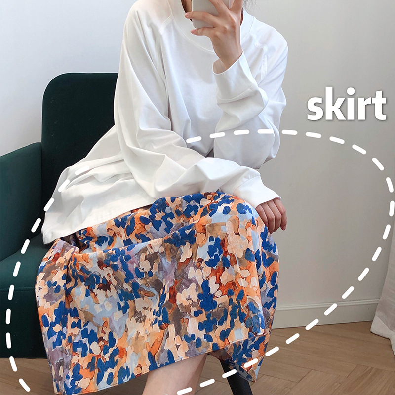

2020 Autumn New Mid-Length Half High Waist Skirt Print Oil Painting Small Fresh Women's Fashion Slim Long Skirts for Women ZH60, Photo color