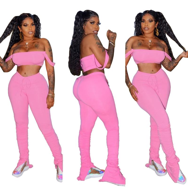 Solid Color Tracksuit 2020 Women Summer Fitness Draped StraplessTops+Ruched Flare Pants Matching Sets Outfits Plus Size S-XXL