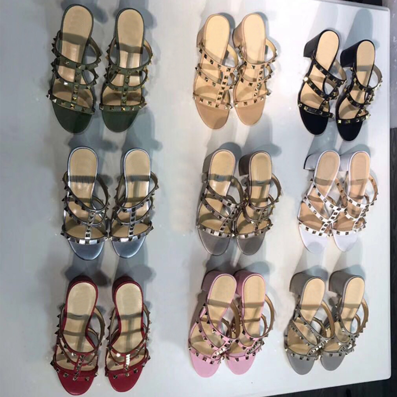 

Classic designer women Half slippers cowhide 100% leather rivet Thick heels Metal Slides woman shoe beach Lazy Sandals High heeled shoes Lar, Black