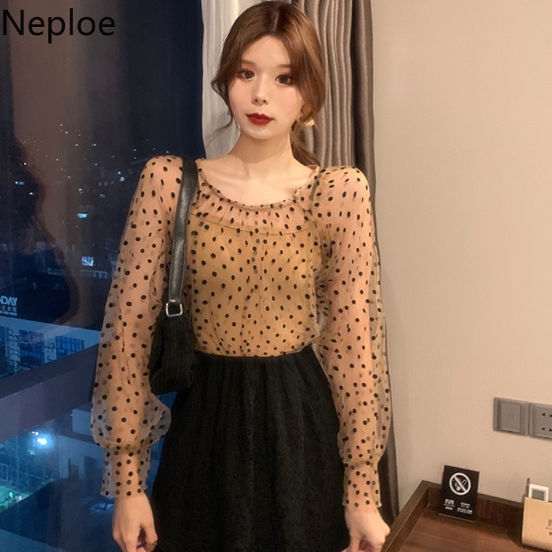 

Neploe Polka Dot Mesh Two Pieces Sets 2020 Spring Korean Spring Women Shirt Vintage Perspective Pullover 2PCS Suits 59106, Brown