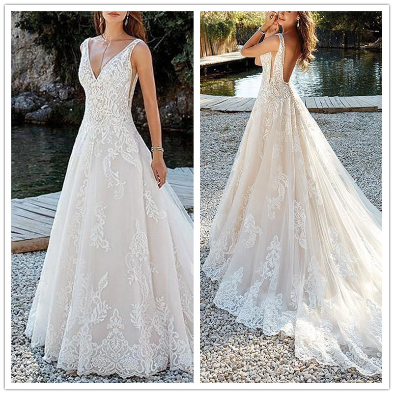 

Vestido Deep V Neck A Line Wedding Dresses Lace Appliques Backless Bridal Party Gown Robes De Mariee Wedding Gown, White