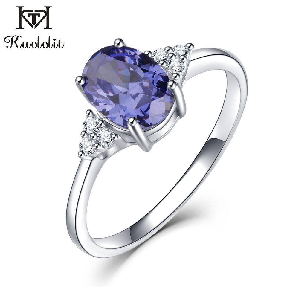 

Kuololit Solid 925 Sterling Silver Rings For Women Created Tanzanite Gemstone Ring Wedding Engagement Band Fine Jewelry New J190709