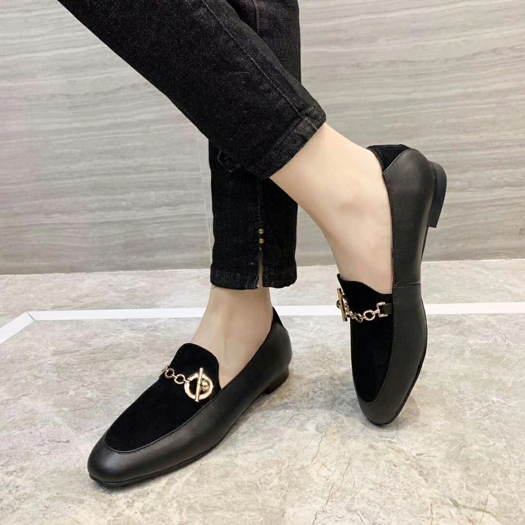 

fashonville~20200318067 black genuine leather suede gold chain loafers flats shoes