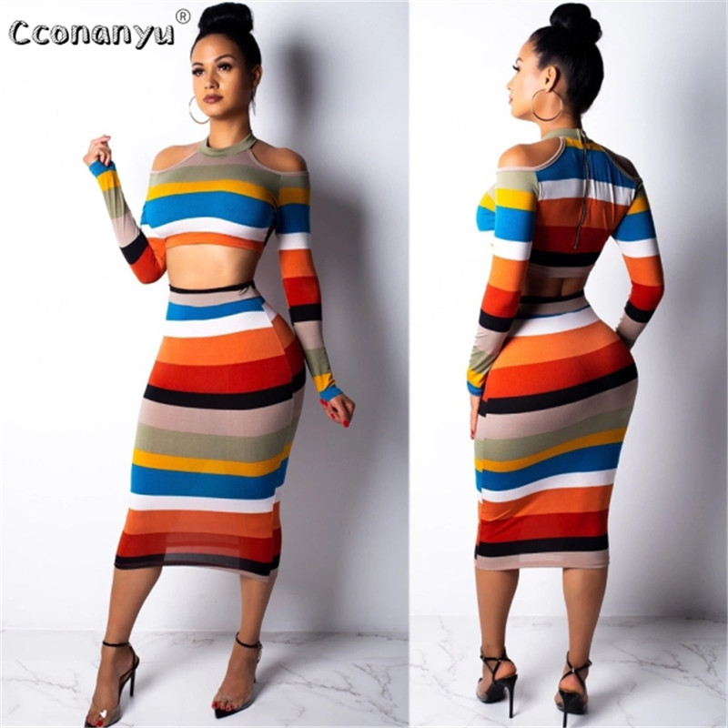

2019 two piece set women crop top Sexy Off Shoulder Slim Bodycon Nigthclub Pencil Dress women Long Sleeve 2 piece outfits, Orange
