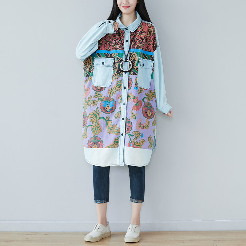 

2020 female new spring korean version casual plus size printed long-used all-match loose denim shirt, Light blue
