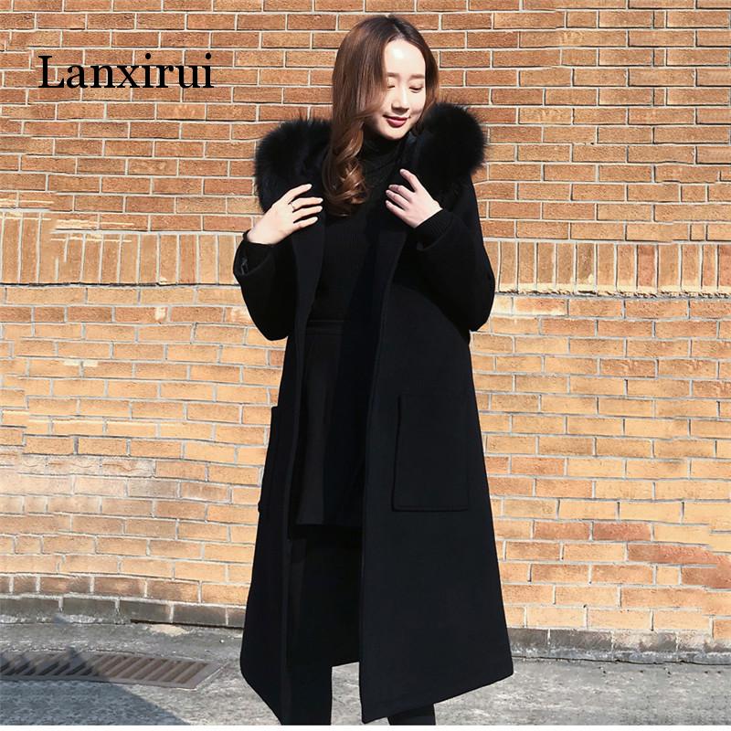 

Black Woolen Coat 2019 Winter Women Jacket New Fashion With Fur Collar Hooded Outerwear Mid Long Slim Female Blends Coats