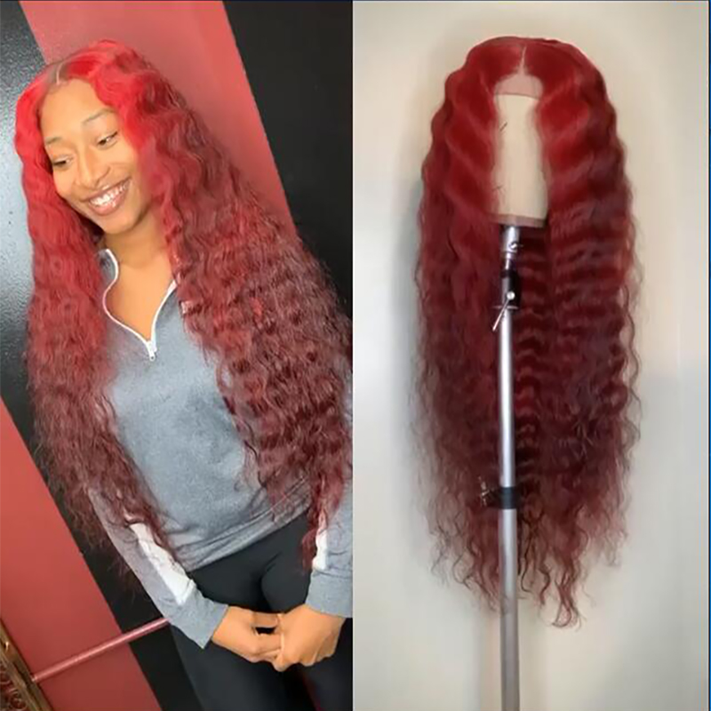

13×6 Dark Red&Wine Red Color Lace Front Human Hair Wig Remy Brazilian Deep Wave Hair Ombre Lace Wig for Women