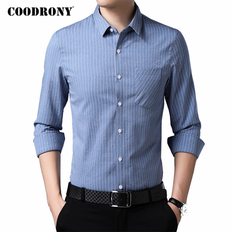 

COODRONY Brand Classic Striped Long Sleeve Shirt Men Spring Autumn Mens Business Casual Shirts Real Pocket Chemise Homme C6038, Blue