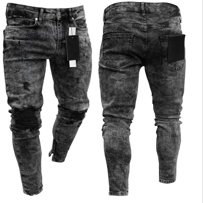 

Cotton Jeans Men Spring 2020 MenClothes Denim Pants Distressed Freyed Slim Fit Casual Trousers Stretch Ripped Jeans, Gray
