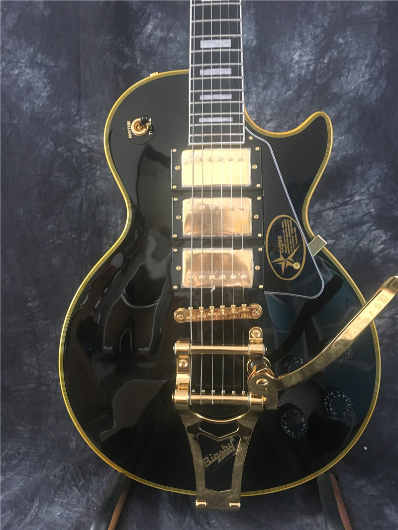 3 Pickups Custom Shop LP Electric guitar,Solid Mahogany body With Black paint and yellow binding,Golden Hardware