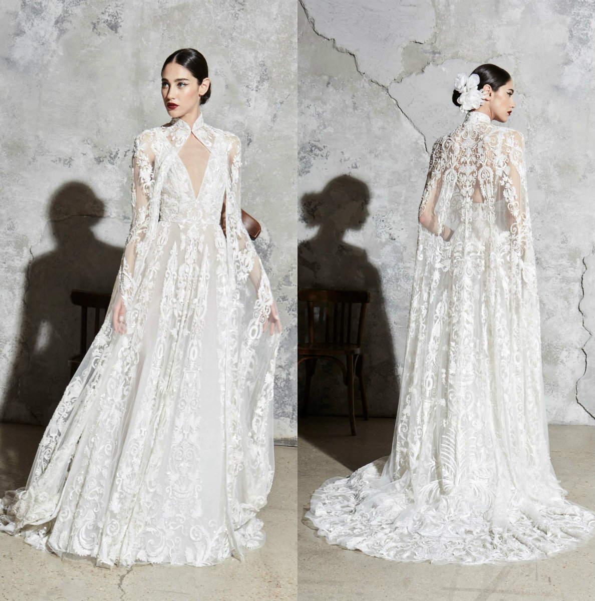 

2020 Zuhair Murad Wedding Dresses With Long Wrap Lace Deep V Neck A Line Backless Beach Wedding Dress Sweep Train Boho Bridal Gowns, Grape