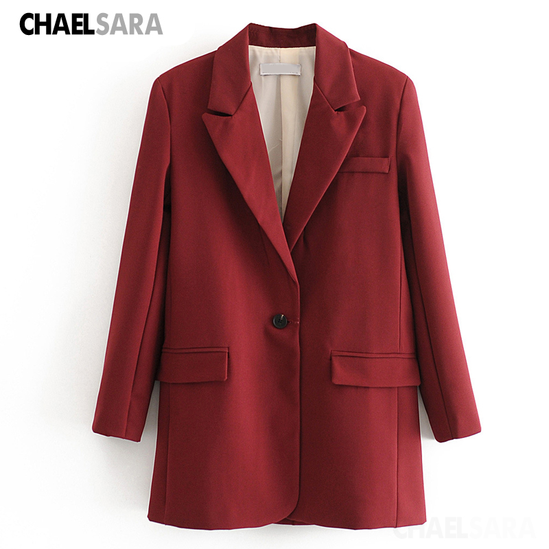 

2020 Spring Autumn Red Wine Office Lady Blazer Jacket Women Single Button Solid Pockets Female Suit Coat, Wine red