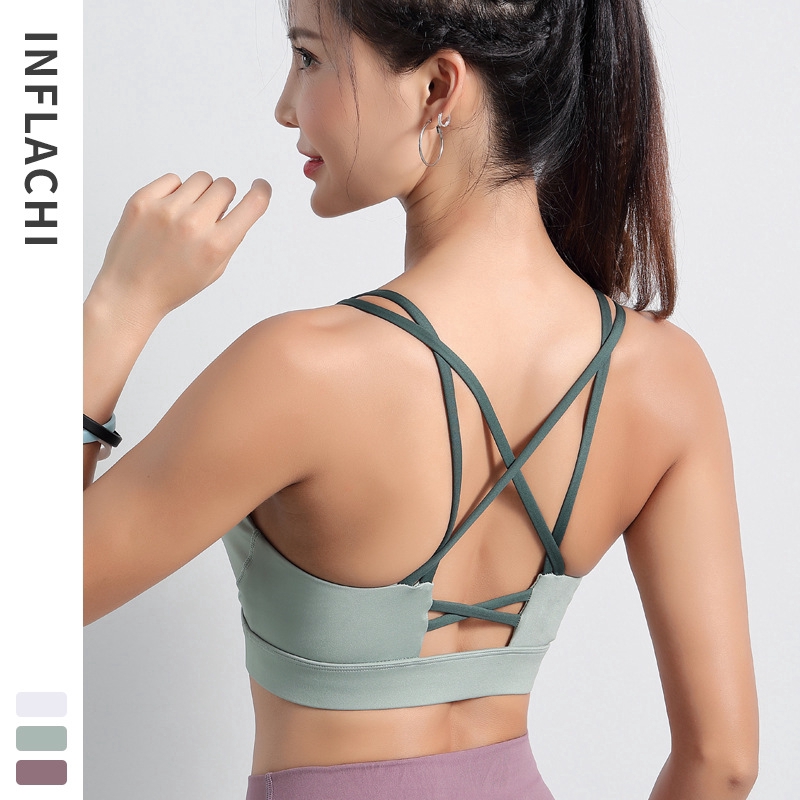 

Fitness bra outdoor sports underwear women's running shockproof gathered shape Yoga back vest, Green