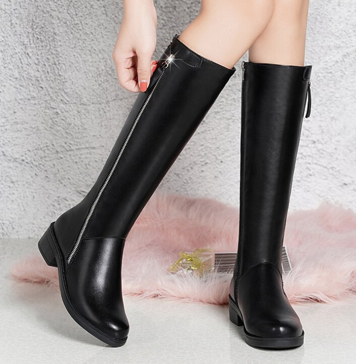 

Autumn and winter new boots women's British wind side zipper thick with knee-length boots net red low-heeled boots, Black