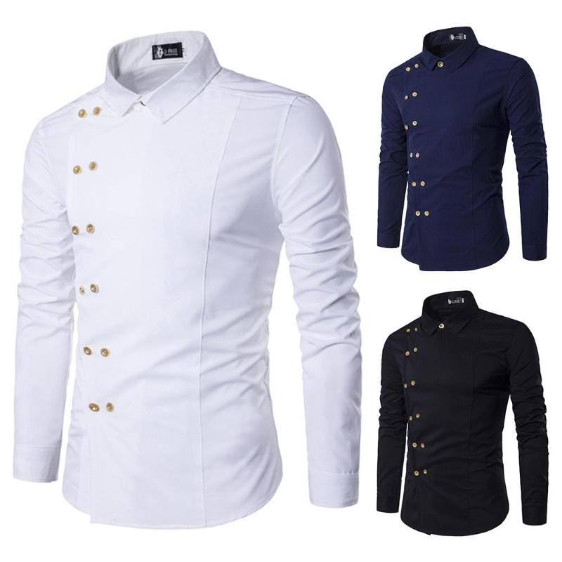 

Men Double-Breasted Long Sleeves Shirt Gentleman Buttons Solid Color Tops, Blue