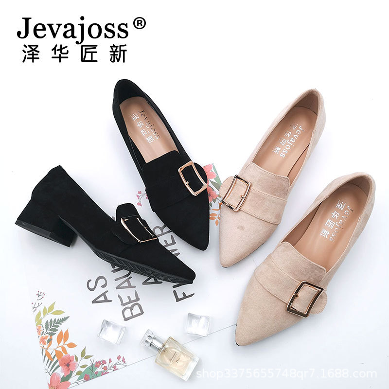 

2019 Autumn han ban Square Buckle Shoes Pointed Toe Chunky Heel Semi-high Heeled WOMEN'S Casual Shoes, White