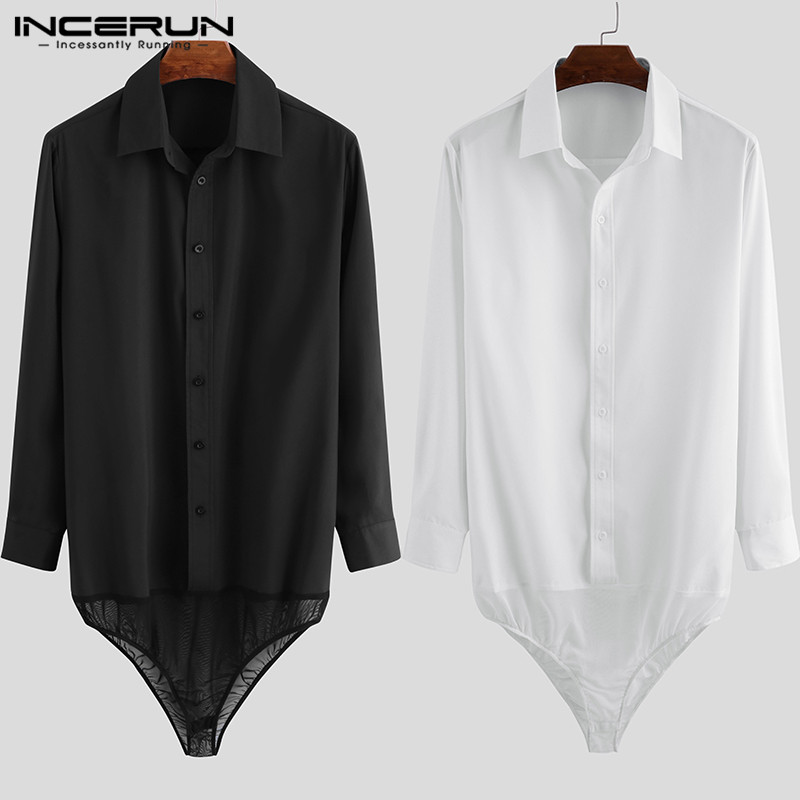 

INCERUN Fashion Men Dress Shirt Bodysuit Long Sleeve Solid Color Lapel Button Party Shirts Romper 2020 Streetwear Camisa -5XL, Black shirt