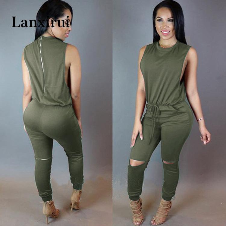 

Women hole sleeveless bandage lace up jumpsuit Casual Rompers overalls for female women o-neck zipper jumpsuits summer, White