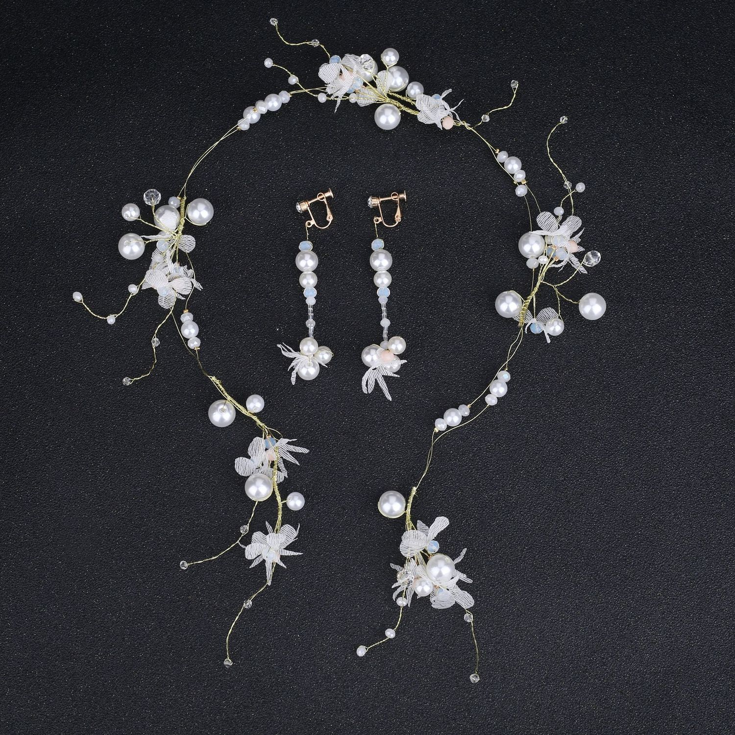 

Korean Manual A String Of Beads Silk Yarn Flower Hair Band Earrings Suite Aestheticism Bride Marry Disc Hair Ornaments