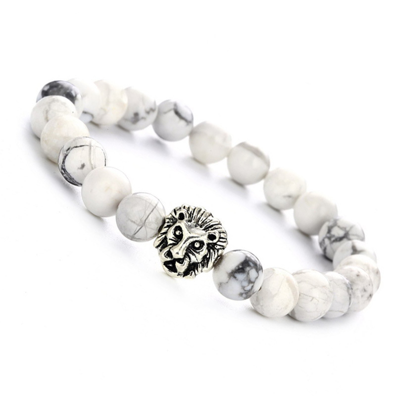 

Mens Womens Silver Lion Head Charm White Turquoise Bracelet 8mm Energy Beads Elastic Bracelet, Black